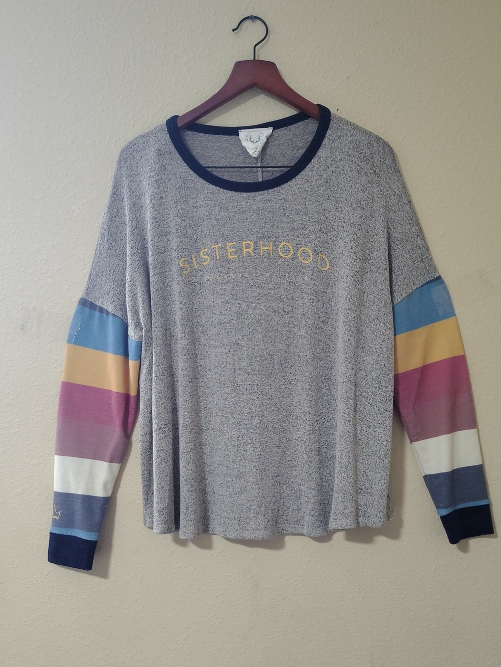 Fantastic Fawn Knit Sisterhood Print Stripe Long Sleeves Relaxed Top Size L
